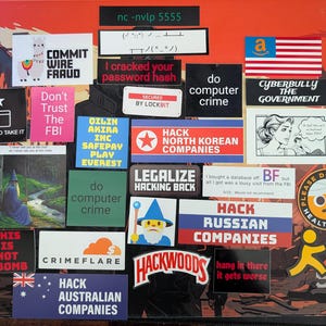 Pode incluir: Uma coleção de autocolantes com vários textos e gráficos. Alguns autocolantes dizem "COMMIT WIRE FRAUD", "Don't Trust The FBI" e "HACK NORTH KOREAN COMPANIES". Outros autocolantes apresentam um mago, uma lhama e o logótipo da Amazon.
