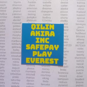 May include: A blue square with yellow text reading "OILIN AKIRA INC SAFEPAY PLAY EVEREST." The background is white with a list of words in black. The square is centered.