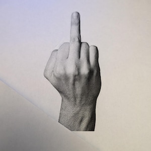 Puede incluir: Imagen en blanco y negro de una mano mostrando el dedo medio. La mano está en un puño, con el dedo medio extendido hacia arriba. La imagen es un primer plano, enfocándose en los detalles de la mano.