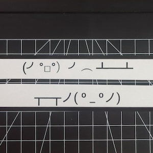 Può includere: Due strisce rettangolari bianche con testo nero ed emoticon. La striscia superiore ha il testo "( ﾉ °□°) ﾉ ︵ ┻━┻" e la striscia inferiore ha il testo "┻━┻ ︵ ヽ( °_° )ﾉ". Lo sfondo è un tappetino da taglio nero con un motivo a griglia.