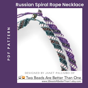 May include: A close-up of a beaded necklace with a spiral rope design. The necklace is made with purple, teal, brown, and white beads. The necklace is designed by Janet Palumbo of Two Beads Are Better Than One.