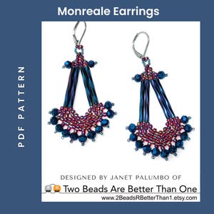 May include: A pair of beaded earrings with a geometric design. The earrings are made with iridescent blue and red beads and silver wire.