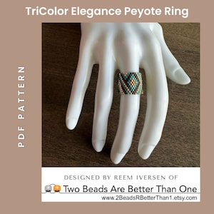 May include: A peyote stitch beaded ring with a geometric pattern in turquoise, gold, and brown colors. The ring is on a white hand model. The text "Two Beads Are Better Than One" is below the image.