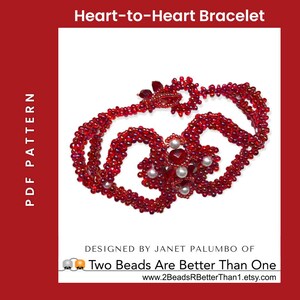 May include: A heart-shaped beaded bracelet in red, with a central cluster of red gems and white pearls. The bracelet is made of small red beads. The text "Heart-to-Heart Bracelet" is at the top.