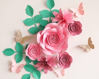 Rose Pink Paper Flowers Decorations for Nursery Wall Decor,3D Paper Flowers Backdrop (Set of 16), Baby Shower Decor, Wedding Centerpiece