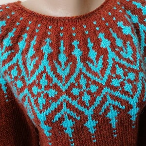 Pu&ograve; includere: Un maglione marrone con un motivo geometrico turchese sul petto e sulle spalle. Il maglione ha uno scollo tondo e maniche lunghe. Il design turchese &egrave; un motivo ripetuto di frecce e diamanti stilizzati.