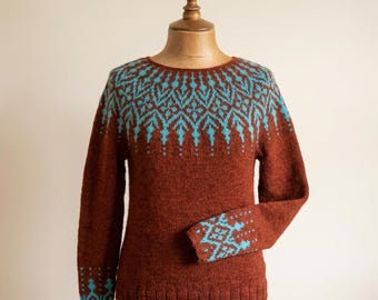 Handknit Icelandic Wool Sweater: Terracotta & Turquoise Jacquard Pullover