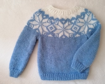Mohair Icelandic Sweater, Light Blue&White Nordic Sweater, Christmas Kids Adults Sweater, Made to Order