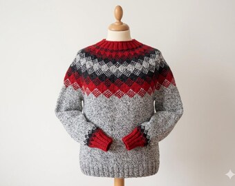 Handgestrickter isländischer Wollpullover, Grösse L, Grau/Weiss