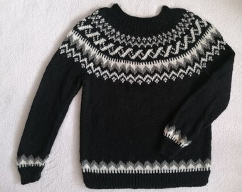 Icelandic Sweater, Nordic Sweater, Black Pullover, 100% Wool Sweater, Jacquard, Handmade, Made To Order