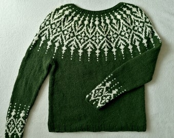 Isländischer Pullover, Jacquard Pullover, Grün und Creme Pullover, Handgestrickter Pullover, Made To Order