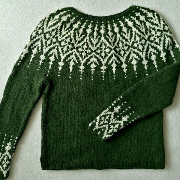Icelandic Sweater, Green and Cream Pullover, Jacquard Sweater, Burgundy and Cream Jumper, Handknit Sweater, Made To Order