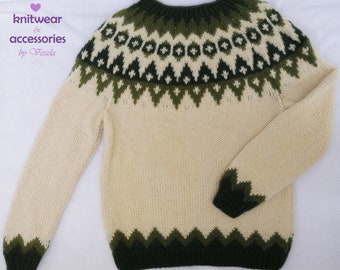 Icelandic Sweater, Cream Pullover, Jacquard Sweater, 100% Wool Nordic Jumper, Handknit Sweater, Made To Order