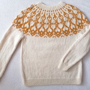 Icelandic Sweater, Natural White and Mustard Pullover,  100% Wool Nordic Jumper, Handknit Sweater, Made To Order