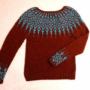 Handknit Icelandic Wool Sweater: Terracotta & Turquoise Jacquard Pullover