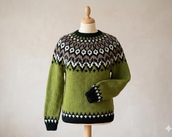 Maglione di lana Riddari: pullover in maglia nordica, verde foresta