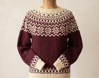 Icelandic Sweater, Nordic Wool Sweater, Burgundy and Cream Pullover, Jacquard, Made To Order
