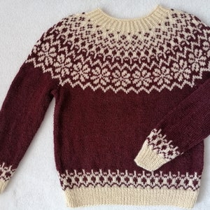 Icelandic Sweater, Nordic Wool Sweater, Burgundy and Cream Pullover, Jacquard, Made To Order