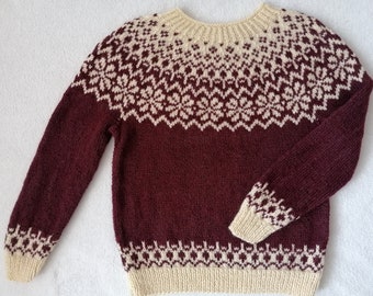 Isländischer Pullover, nordischer Wollpullover, weinroter und cremefarbener Pullover, Jacquard, auf Bestellung gefertigt