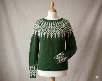 Icelandic Sweater, Green and Cream Pullover, Made To Order