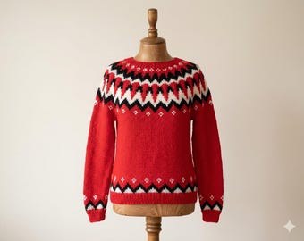 Red Icelandic Wool Sweater: Nordic Knit Pullover, Made To Order