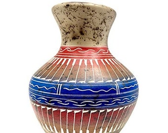Genuine Navajo Tribe USA Handpainted and Etched Miniature Traditional Vase Style Artist Signed Southwestern Home Decor Collectible Authentic Native American Pottery