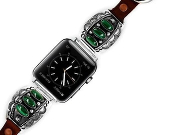Native American Handmade Apple Watch Replacement Band, Green Malachite, Sterling Silver and Leather, 38mm, 40mm, 42mm