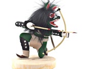 4 Inch Authentic Crouching Green Wolf Kachina Doll, Genuine Navajo Native American Tribe Handmade in the USA, Artist Signed, Southwestern