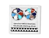Genuine Multistone Stud Earrings, 925 Sterling Silver, Native American USA Handmade, Nickel Free, Multicolor Flower, Genuine Stone