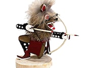 4 Inch Genuine Crouching Brown Wolf Kachina Doll, Navajo Native American Tribe Handmade in the USA, Artist Signed, Natural Materials