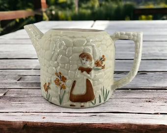 Charming Vintage Porcelier Ceramic Teapot with Hand-Painted Rustic Girl Scene, Unique Farmhouse Decor, Shabby Chic Cobblestone Texture Pot