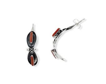 Genuine Red Coral Half Hoop Earrings, Native American USA Handmade, 925 Sterling Silver