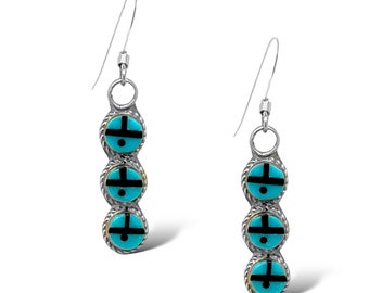 Genuine Sleeping Beauty Turquoise Zuni Sunface Earrings, Sterling Silver, Native American Handmade, Artisan Signed, Nickle Free, French Hook