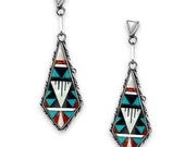 Genuine Turquoise, Onyx and Red Coral Earrings, 925 Sterling Silver, Zuni Native American USA Handmade, Nickel Free, French Hook