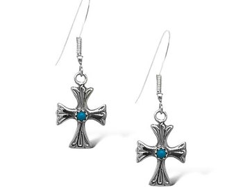 Genuine Sleeping Beauty Turquoise Cross Earrings, Sterling Silver, Native American Handmade, Hook Jewelry,  Women and Girls, Drop and Dangle