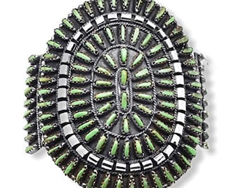 Genuine Gaspeite Cuff Bracelet, Sterling Silver, Petit Point Style, Navajo Native American USA Handmade, Artist Signed, Size Women's Medium