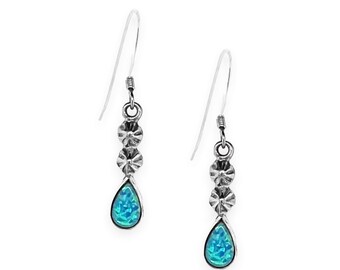 Blue Desert Opal Earrings, 925 Sterling Silver, Native American USA Handmade, French Hook, Nickle Free, Synthetic Opal