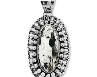 Genuine White Buffalo Stone Statement Pendant, Sterling Silver, Authentic Navajo Native American Handmade, Artist Signed, Southwest Jewelry