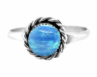 Blue Desert Opal Ring, Sterling Silver, Authentic Native American USA Handmade, Round with Braid, Nickel Free