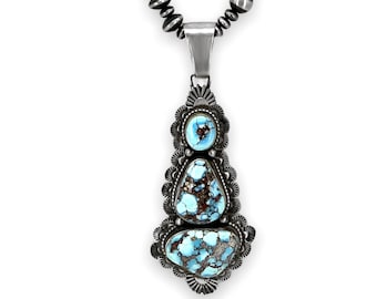 Genuine Turquoise Statement Necklace, Native American Handmade, Golden Hill Mine, Oxidized Sterling Silver, Artisan Signed, One of a Kind