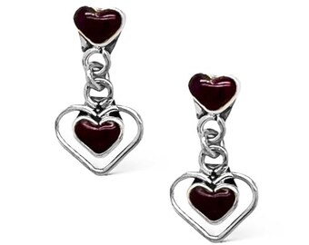 Genuine Purple Spiny Oyster Shell Heart Earrings, Sterling Silver, Native American Handmade, Post Jewelry, Women and Girls, Drop and Dangle