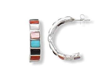 Genuine Stone Multicolor Hoop Earrings, 925 Sterling Silver, Native American USA Handmade, Nickle Free