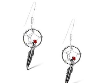 Genuine Coral Dreamcatcher Earrings, Sterling Silver, Native American Handmade, Red Hook Jewelry for Women and Girls, Drop and Dangle