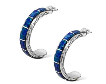 Dark Blue Desert Opal Hoop Earrings, 925 Sterling Silver, Authentic Native American Handmade, Jewelry for Women, Drop and Dangle