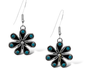 Genuine Sleeping Beauty Turquoise Flower Earrings, 925 Sterling Silver, Native American USA Handmade, French Hook Style, Nickel Free