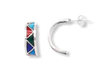 Genuine Stone Half Hoop Earrings, Native American USA Handmade, Turquoise, Coral, Sterling Silver, Multicolor, Artist Signed
