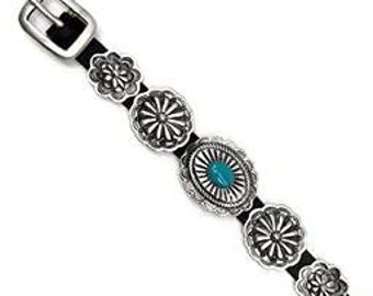 Genuine Sleeping Beauty Turquoise Leather Concho Bracelet, Sterling Silver, Native American USA Handmade, Buckle Clasp, Adjustable For Women