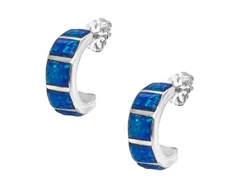 Desert Opal Half Hoop Earrings, Native American USA Handmade, 925 Sterling Silver, Dark Blue Synthetic Opal, Nickle Free