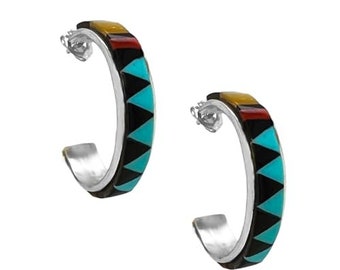 Genuine Turquoise, Black Onyx, and Coral Hoop Earrings, Sterling Silver, Native American Handmade, Jewelry for Women, Drop and Dangle