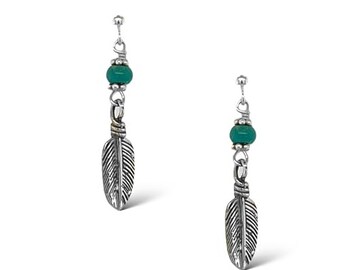 Genuine Sleeping Beauty Turquoise Feather Earrings, Sterling Silver, Native American Handmade, Post Jewelry, Women and Girls, Drop, Dangle